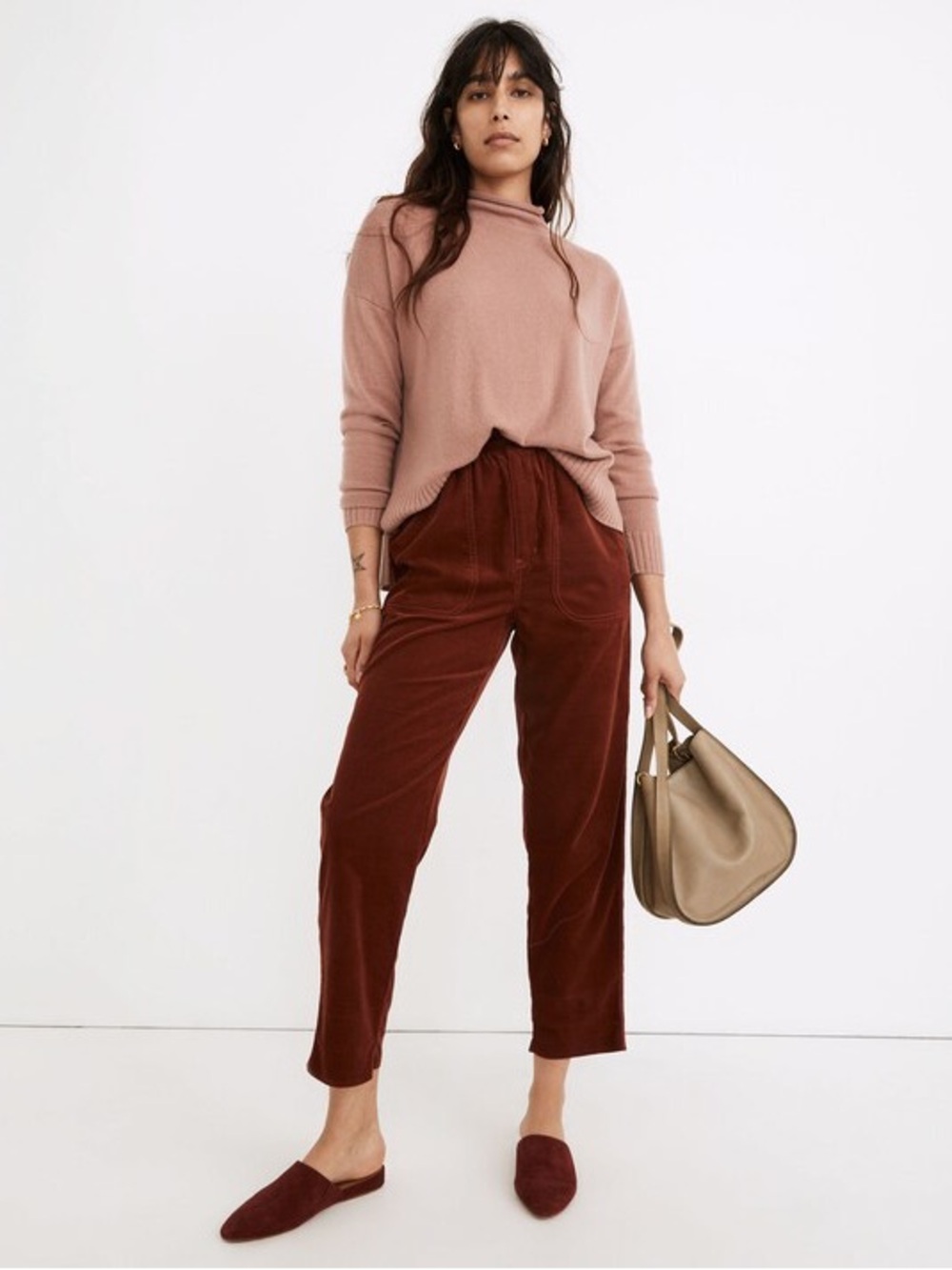Madewell Tapered Huston Pull-On Crop Pants in Corduroy Rusted Burgundy Sz Small